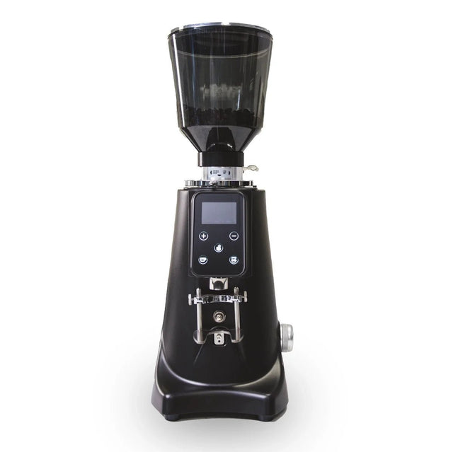The Bellucci Preciso 68 Coffee Grinder (Black) by Bellucci features titanium flat burrs, a transparent hopper, digital display, and control buttons. It is shown on a white background.