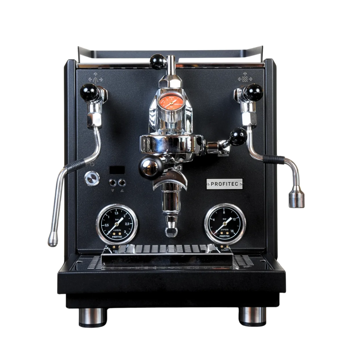 A black Profitec Drive Dual Boiler Espresso Machine with E61 group head, PID temperature control, and flow control is pictured on a white background, featuring pressure gauges, steam and hot water wands, and a portafilter.