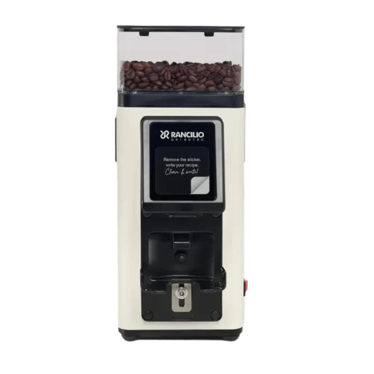 The Rancilio Stile SD Espresso Coffee Grinder in white features a top hopper for coffee beans and a front digital display with controls for precise grinding.
