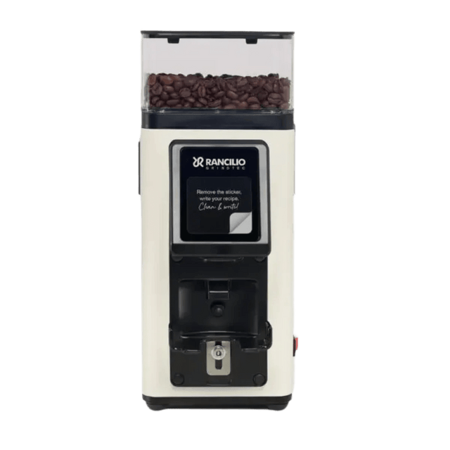 The Rancilio Stile SD Espresso Coffee Grinder in white features a top hopper for coffee beans and a front digital display with controls for precise grinding.