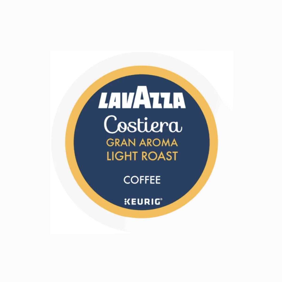 A circular Lavazza label with a gold border, displaying "Costiera Gran Aroma Light Roast" in white and yellow on dark blue, designed for K-Cup® Pods (Case of 10).