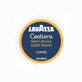 A circular Lavazza label with a gold border, displaying "Costiera Gran Aroma Light Roast" in white and yellow on dark blue, designed for K-Cup® Pods (Case of 10).