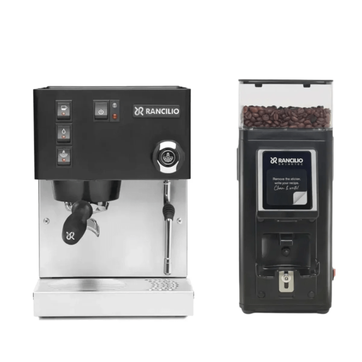 The Rancilio Silvia M V6 Espresso Machine (Limited Edition Black and Stainless Steel) and the Rancilio Stile SD Grinder, both by Rancilio, are displayed side by side against a white background. The grinder is filled with coffee beans.
