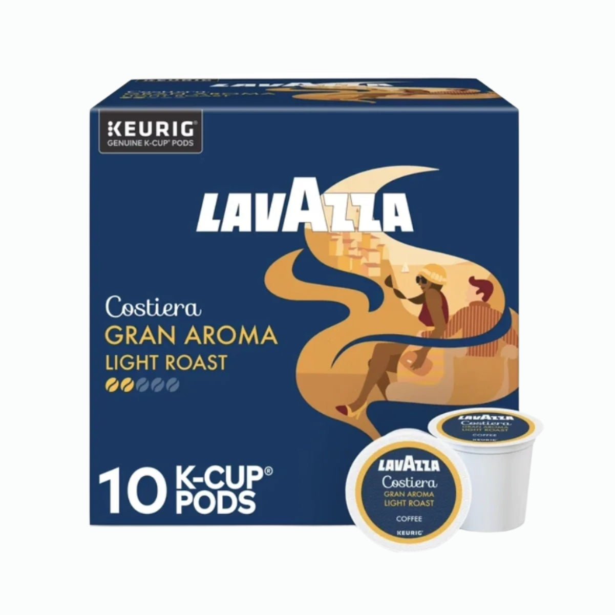 A box of Lavazza Costiera Gran Aroma Light Roast K-Cup® Pods (Case of 10) features blue and yellow beach-themed packaging, with two K-Cup® pods displayed in front. Brand: Lavazza.