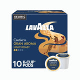 A box of Lavazza Costiera Gran Aroma Light Roast K-Cup® Pods (Case of 10) features blue and yellow beach-themed packaging, with two K-Cup® pods displayed in front. Brand: Lavazza.