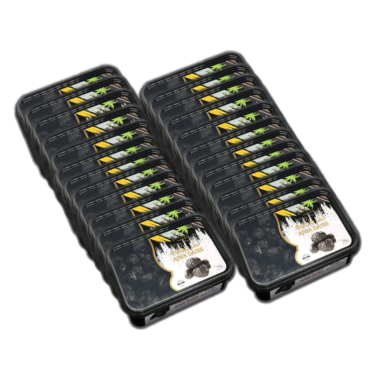 Image shows multiple packs of fresh dates arranged in two neat stacks. The black packaging features a label with yellow and green accents, displaying the name "Royal Palm" along with an image of Royal Palm Al Madina Ajwa premium quality dates and a palm tree. These dates are rich in fiber and potassium for your health.