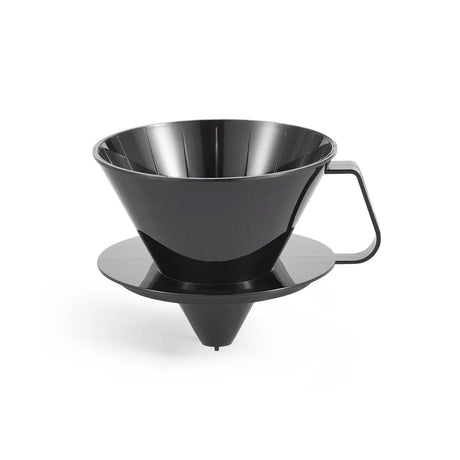 The Moccamaster Technivorm Moccamaster Cup-One Brew Basket 13265 is a stylish black pour-over coffee dripper crafted from BPA-free plastics. It has a conical shape with a wide opening at the top and a narrow spout at the bottom, featuring a handle on one side and a flat base for stability, perfect for manually brewing coffee.