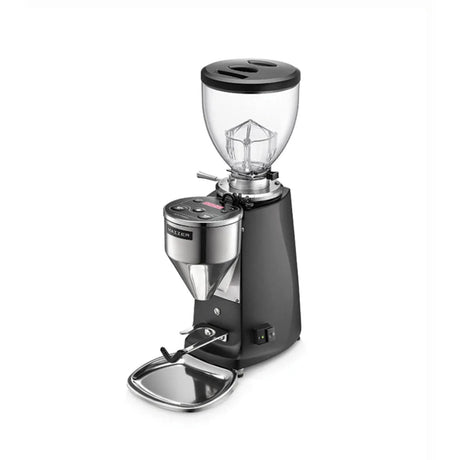 The Mazzer Mini Type A V2 Electronic Grinder (Black) by Mazzer is a black and silver flat burr grinder with a transparent bean hopper, digital display, and base tray, similar to a commercial coffee grinder.