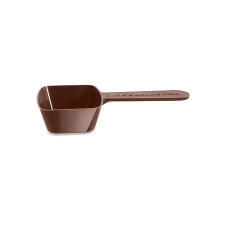 The Moccamaster Technivorm Moccamaster 2 Teaspoon Brown Scoop 88103 is a brown plastic scoop with a square-shaped bowl and a long handle, featuring raised text. Designed for measuring dry ingredients like coffee, this scoop ensures precision. Made from BPA-free plastics, it is placed on a plain white background.