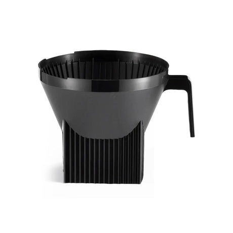 The Technivorm Moccamaster Automatic Drip-Stop Brew Basket 13253, made by Moccamaster, is a black plastic coffee filter holder with a wide, funnel-shaped top and ridged sides. Constructed from BPA-free plastics, it features a small handle on one side and is designed to hold a coffee filter above a pot for brewing coffee. It's perfect as a replacement brew basket for your setup.