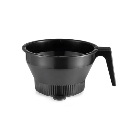 This Moccamaster Technivorm Moccamaster CD Grand & CDT Grand Brew Basket with Drip-Stop 13274 is a black plastic funnel that features a handle and a ribbed lower section. Designed with an open top for easy pouring and a small knob at the base for precise control, it offers exceptional usability, especially when paired with the Technivorm Moccamaster. The handle ensures effortless gripping and maneuverability.
