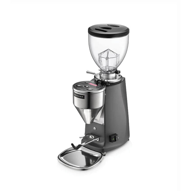 The Mazzer Mini Type A V2 Electronic Grinder by Mazzer in dark grey features flat burrs, a clear bean hopper, front digital controls, a dispensing spout, and a metal base tray.
