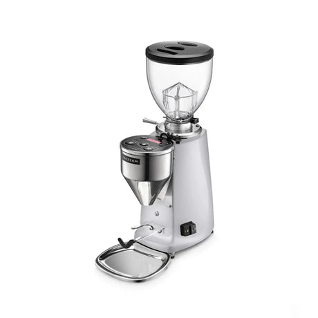 The Mazzer Mini Type A V2 Electronic Grinder (Silver) by Mazzer features 64mm flat burrs, a clear bean hopper, digital controls, dosing chute, and portafilter holder. Shown in silver and black against a plain white background.