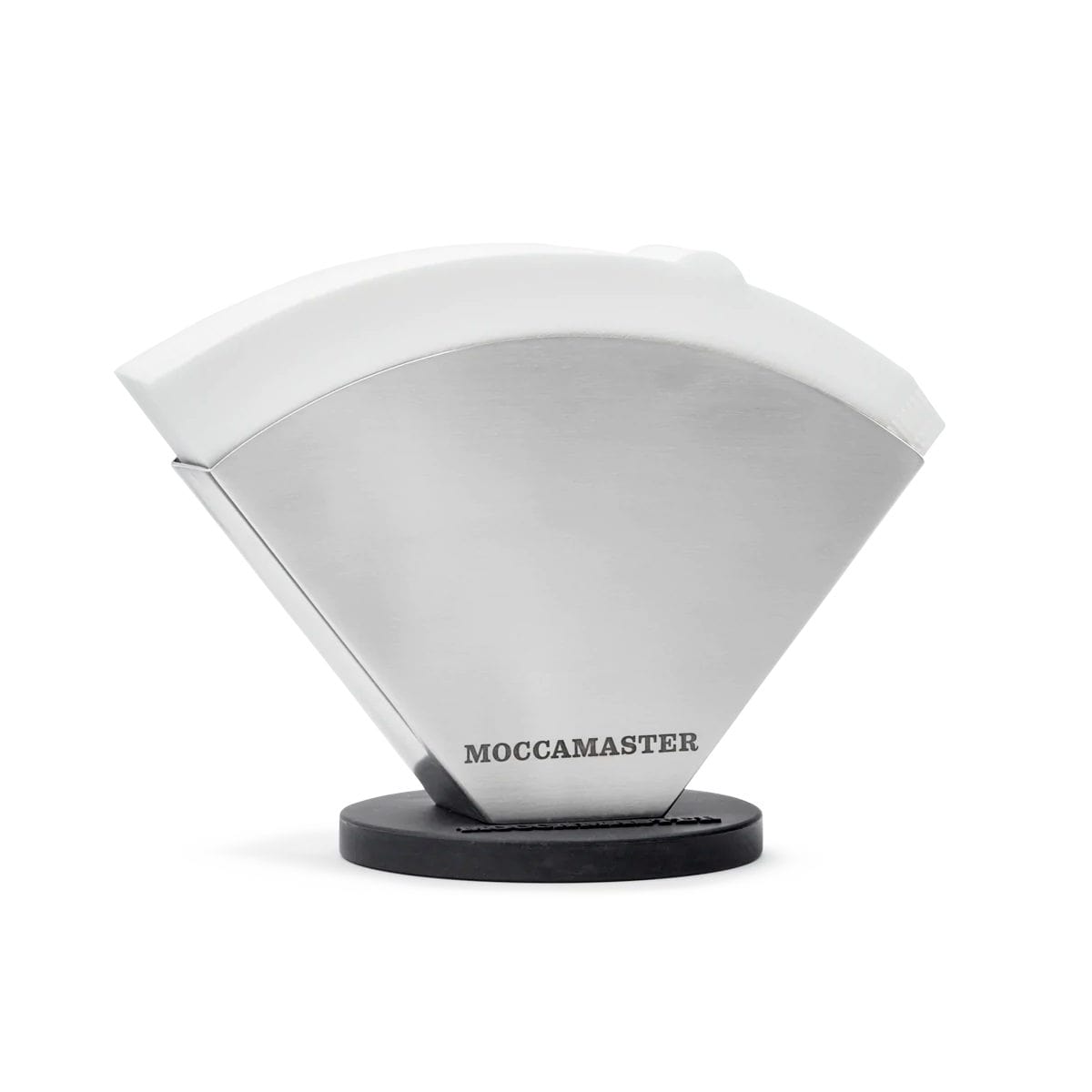 The Technivorm Moccamaster Stainless Steel Coffee Filter Holder MA003 by Moccamaster is shown. This filter holder features a sleek, silver design with rounded edges and rests on a black base. The brand name "MOCCAMASTER" is printed in black at the bottom front, making your cone-shaped filters easily accessible.