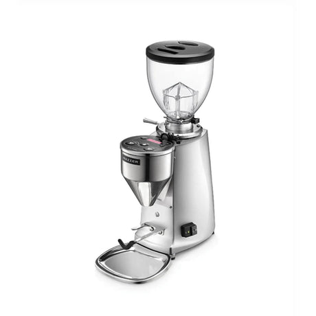 The Mazzer Mini Type A V2 Electronic Grinder by Mazzer, in polished aluminium, features a transparent bean hopper with black lid, digital display, steel grind chute, and 64mm flat burrs—shown on a white background.