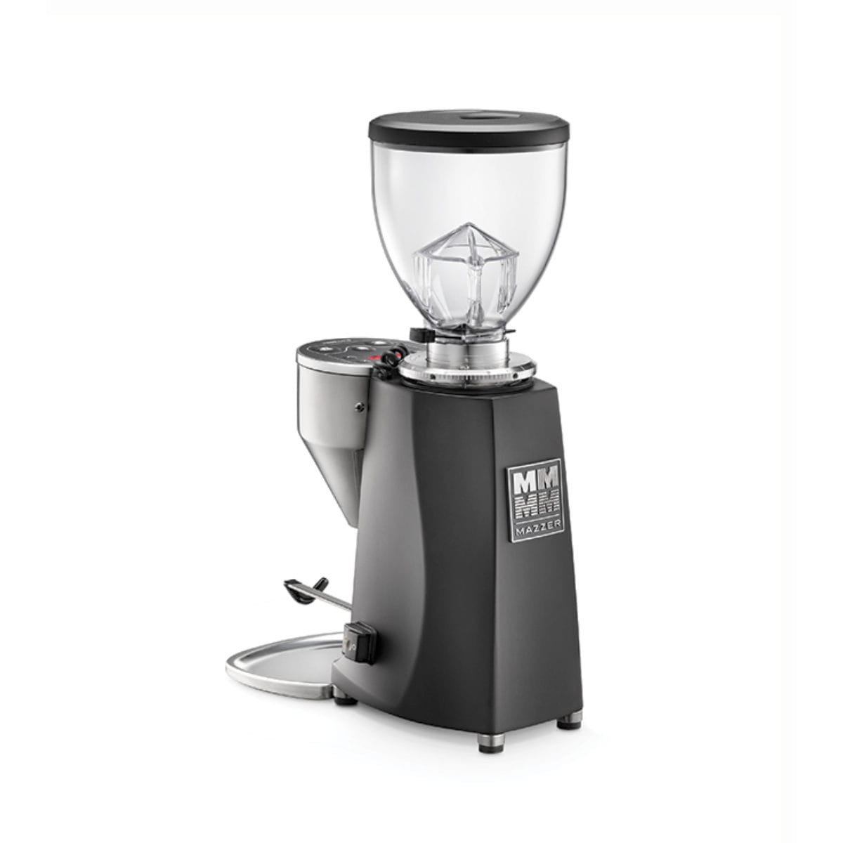 The Mazzer Mini Type A V2 Electronic Grinder in dark grey features a flat burr grinder, clear bean hopper, metal accents, and displays the Mazzer brand logo on the front, shown standing against a white background.