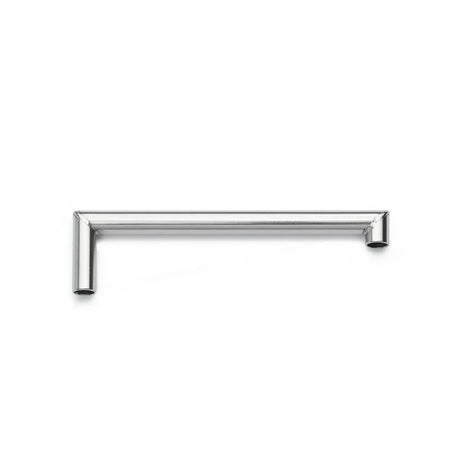 A sleek, silver, L-shaped metal pipe with open ends lays horizontally against a plain white background. The Moccamaster Technivorm Moccamaster Cup-One Outlet Arm 53061 replacement water outlet arm boasts a modern, minimalist design and a reflective polished finish. Perfectly designed for the Technivorm Moccamaster.