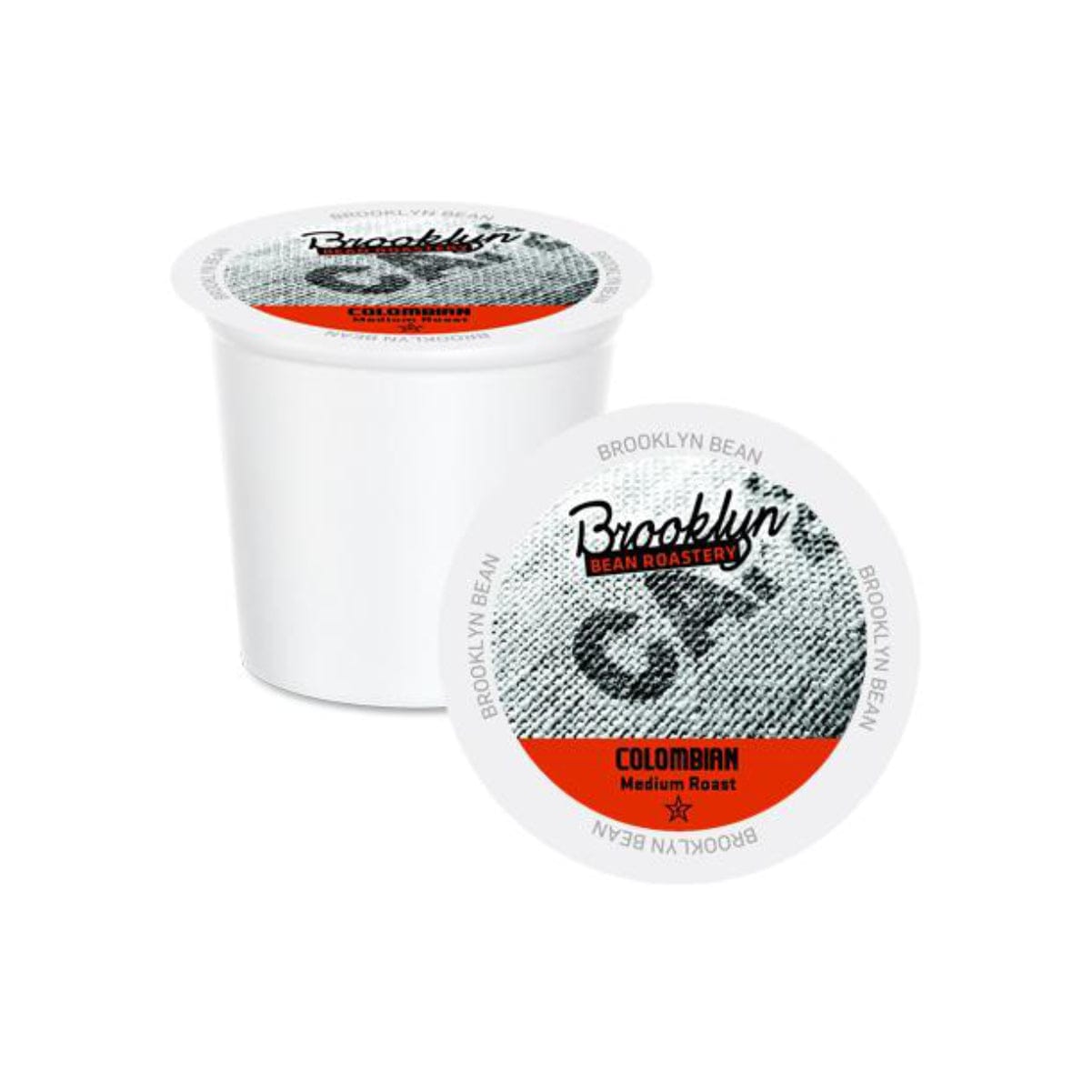 A single-serve coffee pod for a single-serve coffee machine with the label "Brooklyn Bean Colombian Single-Serve Coffee Pods (Box of 40)" printed in black and orange. The white coffee pod comes with a sealed lid, featuring Brooklyn Bean's logo and graphics of rich Colombian brew coffee beans.