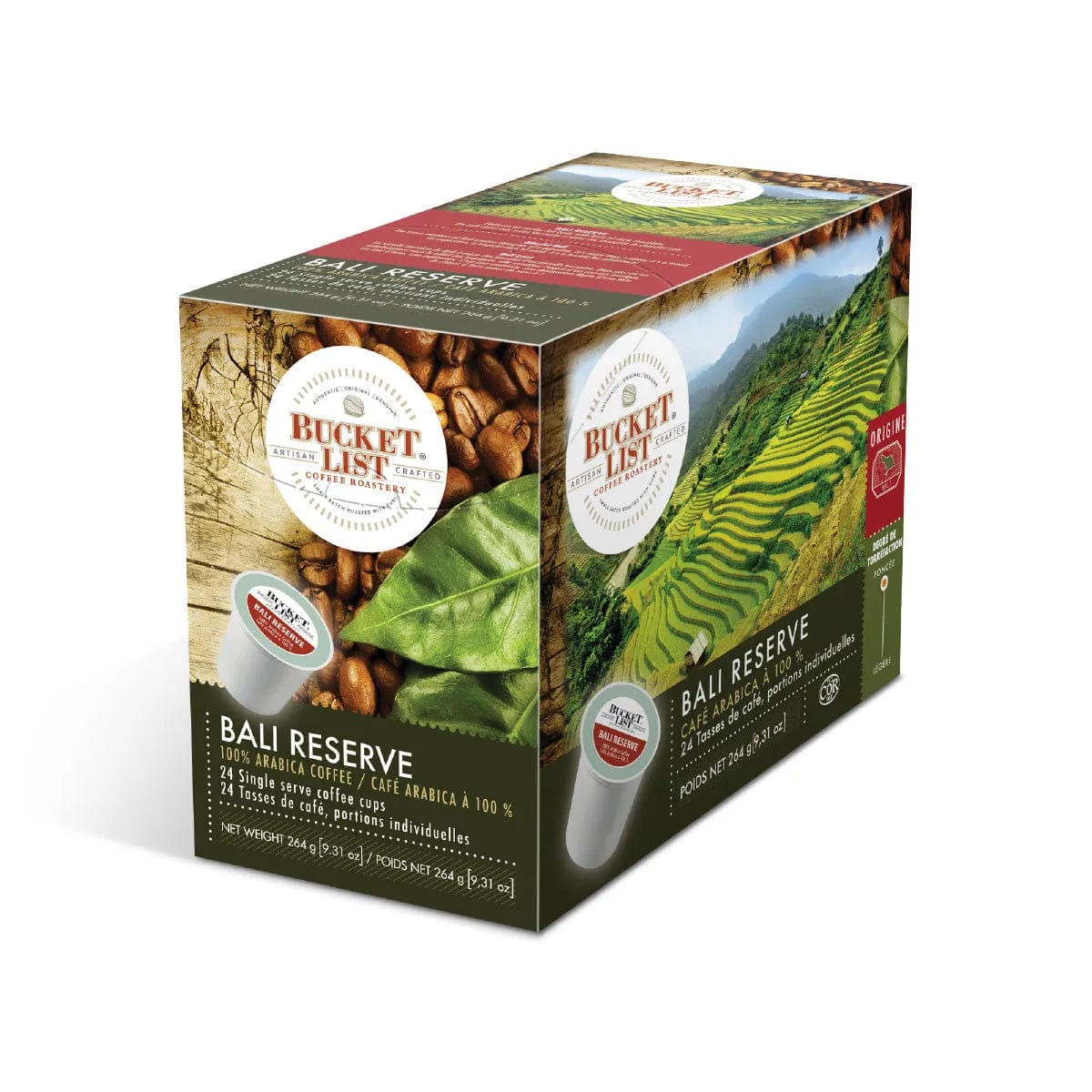 Box of Bucket List Coffee Bali Reserve Single Serve Pods (24 count). The packaging features illustrations of coffee beans, a leaf, and a terraced rice field. The label specifies 24 Keurig-compatible single-serve 0.4 oz. pods of 100% Arabica dark roast coffee, designed for use with single-serve pod machines.