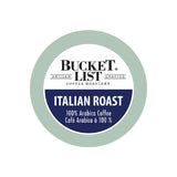 A circular coffee label with a green outer ring reads: "Bucket List Artisan Crafted Coffee Roastery. ITALIAN ROAST 100% Arabica Coffee Café Arabica à 100%." The text is divided among black, white, and navy blue sections. This Keurig compatible blend offers you the finest 100% Arabica dark roast coffee in single-serve pods, available in a case of 96 by Bucket List.