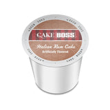 A box of 24 Cake Boss Italian Rum Cake Single-Serve Coffee Pods, featuring a brown top with "Cake Boss" text and a decorative cake design pattern on a white body. These pods provide an enjoyable medium roast coffee experience with an enticing dessert flavor.