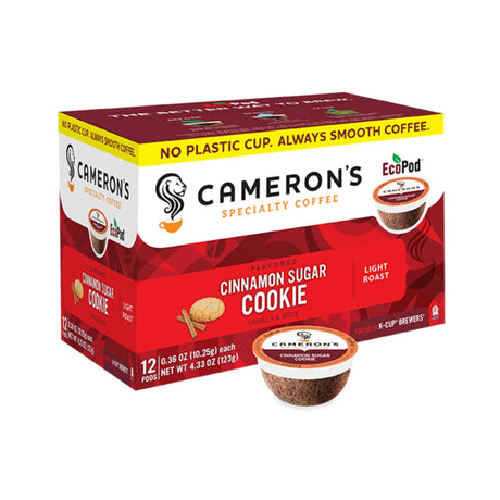 Box of Cameron's Cinnamon Sugar Cookie Single-Serve Eco Coffee Pods (Box of 12). Text on the box reads "flavored vanilla & spice" and "light roast." Made with Arabica beans, the 12 compostable single serve pods are Keurig compatible. The red packaging showcases images of coffee pods and coffee beans.