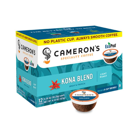 A box of Cameron's Kona Blend Single-Serve Eco Coffee Pods (Box of 12) by Cameron's. The turquoise box with orange accents contains 12 Keurig-compatible coffee pods. It advertises being eco-friendly with "No Plastic Cup. Always Smooth Coffee." The light roast blend is described as bright and tropical.