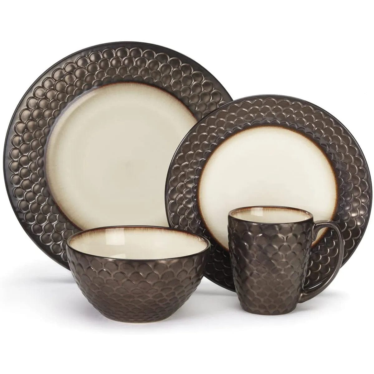 The Cuisinart 16 Piece Dinnerware Set (CDST1-S4G1C) by Cuisinart features a matching 4-piece set that includes a large dinner plate, a smaller salad plate, a bowl, and a mug. Crafted from Anais glazed stoneware, each piece boasts textured dark brown exteriors resembling scales and smooth, light cream interiors with a gradient brown edge.