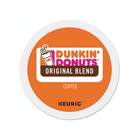 A Dunkin' Donuts Original Blend K-Cup® Recyclable Pod with a vibrant orange label, featuring the Dunkin' Donuts logo. It indicates "Original Blend coffee" and "Coffee." The word "KEURIG" is written at the bottom. The label also showcases a cartoon coffee cup, emphasizing its use of Premium Arabic Beans.