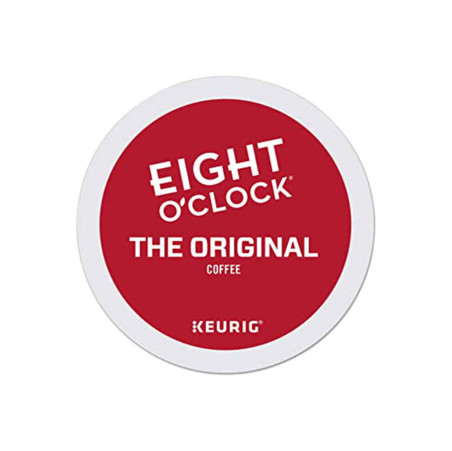 A Keurig K-Cup pod from Eight O'Clock featuring a red label with white text that reads "EIGHT O'CLOCK," "THE ORIGINAL," and "COFFEE." This 100% Arabica coffee, available in a case of 96 recyclable pods as Eight O'Clock Original Blend K-Cup® Recyclable Coffee Pods, promises a delightful experience in each cup.