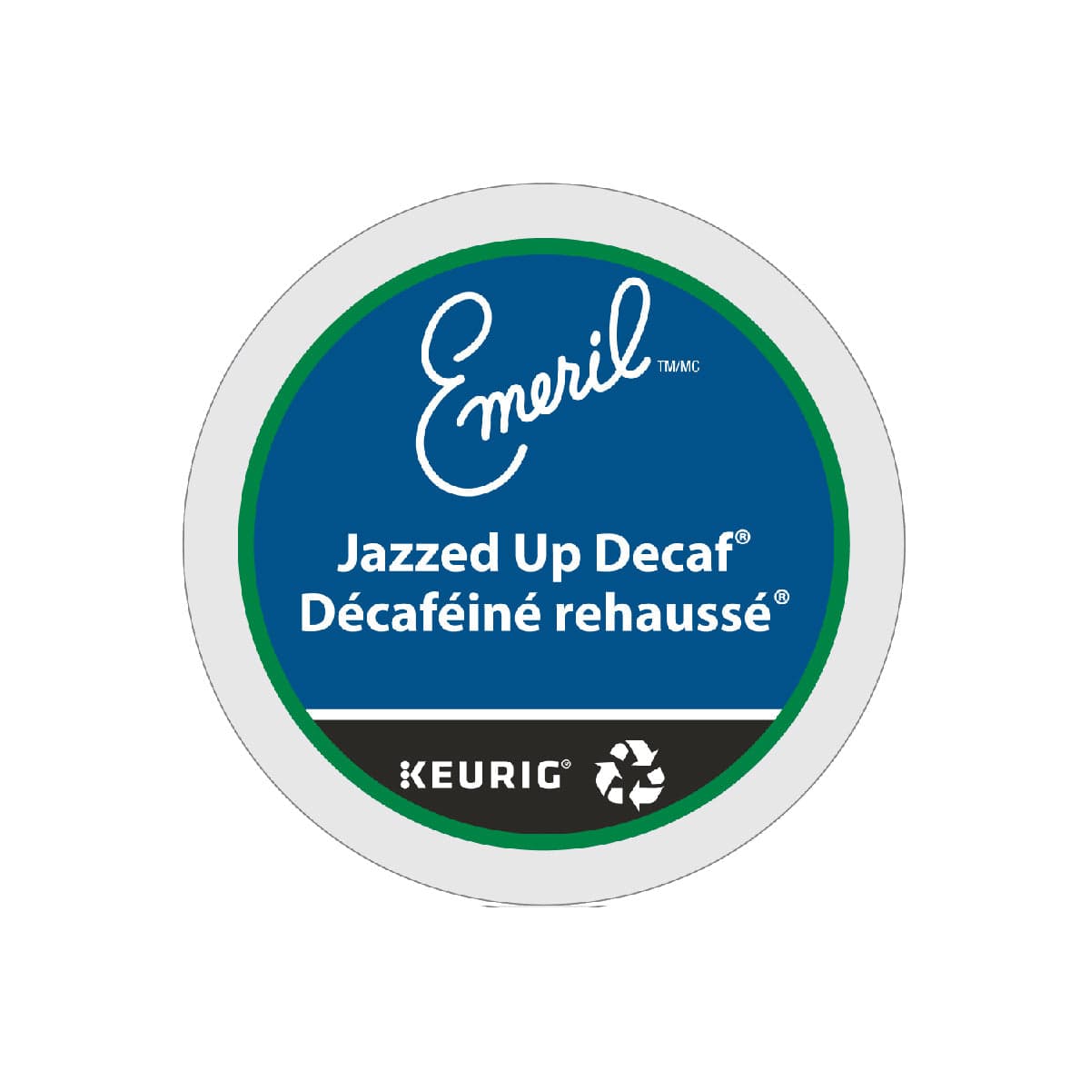 A Keurig K-Cup® pod labeled "Emeril's Decaffeinated Jazzed Up." The label showcases dark blue and green colors with white and teal text, prominently featuring the Keurig and recycling symbols at the bottom, making it ideal for enthusiasts of dark roast decaffeinated coffee.