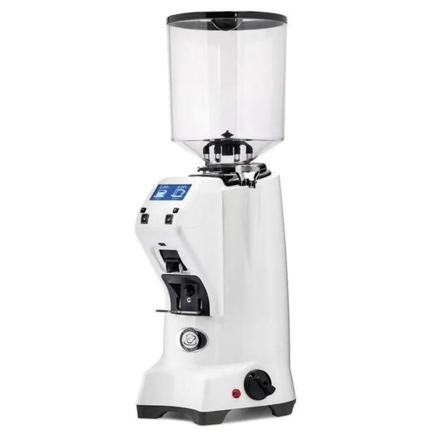 Image of a Eureka Zenith 65 Neo (White) electric coffee grinder by Eureka, featuring a transparent hopper on top and a digital display on the front. The grinder boasts a black dosing chamber, adjustment knob, and power switch at the base. With stepless grinding adjustment for precision, it ensures high-end results every time.