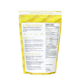 Back of a Flourish Buttermilk Protein Pancake & Waffle Mix (Case of 8) bag with text in English and French. It includes sections like "Our Mission/Notre Mission," "Easy as 1, 2, 3...4!," and nutritional facts. Made with non-GMO ingredients for better health. The background has a yellow and white striped pattern at the top.