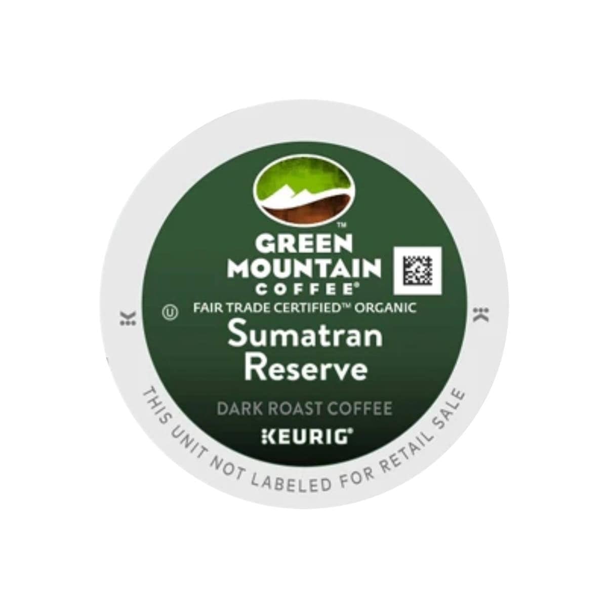 The coffee pod lid is white and circular, featuring a green and brown logo with "Green Mountain Coffee" prominently displayed at the top. Below that, it states "Fair Trade Certified™ Organic Sumatran Reserve Dark Roast Coffee." At the bottom, the text reads "This unit not labeled for retail sale" and includes "Keurig K-Cup Pods: single-origin coffee, dark roast.