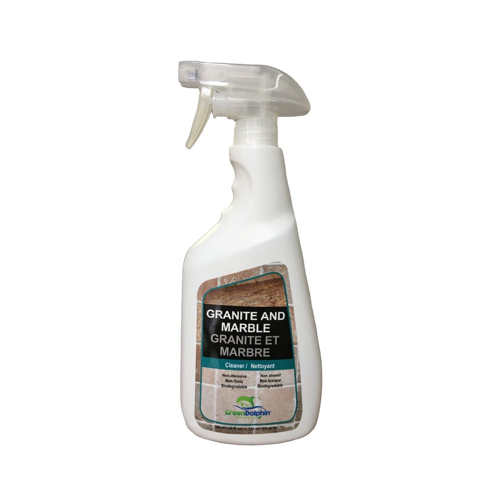 A 750ml white spray bottle of "Green Dolphin Eco-Friendly Granite and Marble Cleaner" with English and French text on the label. The label showcases images of granite and marble surfaces, highlighting its eco-friendly cleaning properties. The brand "Green Dolphin" is displayed at the bottom, with a clear plastic trigger spray head.