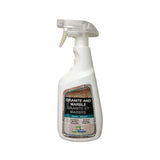 A 750ml white spray bottle of "Green Dolphin Eco-Friendly Granite and Marble Cleaner" with English and French text on the label. The label showcases images of granite and marble surfaces, highlighting its eco-friendly cleaning properties. The brand "Green Dolphin" is displayed at the bottom, with a clear plastic trigger spray head.