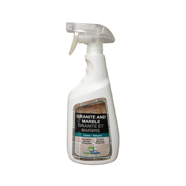 A 750ml white spray bottle of "Green Dolphin Eco-Friendly Granite and Marble Cleaner" with English and French text on the label. The label showcases images of granite and marble surfaces, highlighting its eco-friendly cleaning properties. The brand "Green Dolphin" is displayed at the bottom, with a clear plastic trigger spray head.