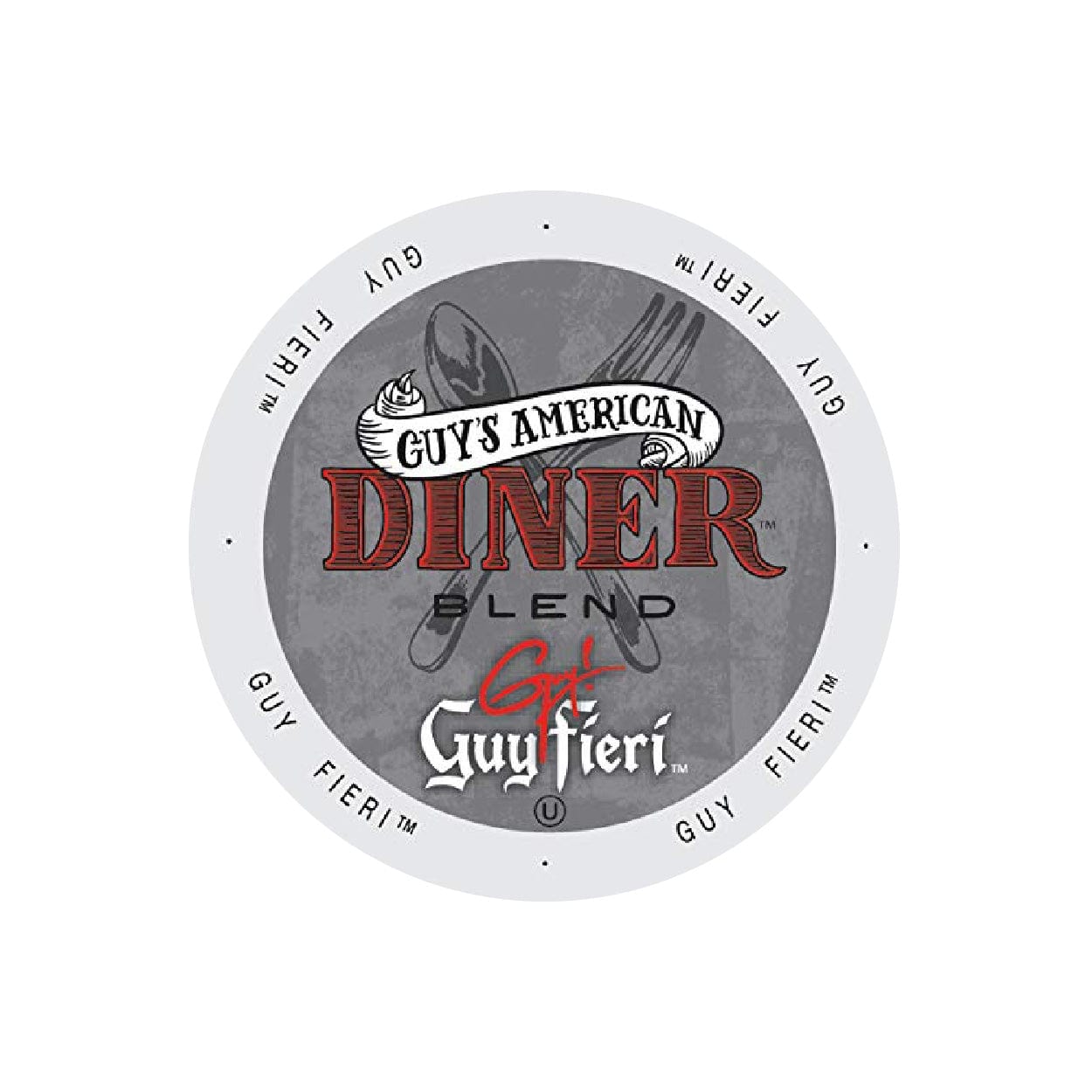 A round coffee pod lid labeled "Guy Fieri American Diner Blend" features an illustration of a fork, knife, and spoon with "Guy Fieri" lettering around the edges. The design is predominantly gray, red, and white and is compatible with Keurig brewers.