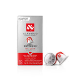A box of Illy Classico Original Compatible Espresso Coffee Capsules (Box of 10) is on display. The sleek silver packaging with red accents prominently features the Illy logo. In front are two Nespresso compatible capsules, showcasing their design and branding, much like Hatch's Otto Coffee Capsules for a delightful medium roast experience.