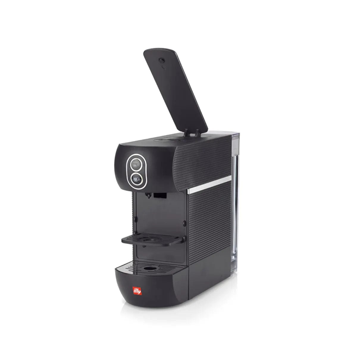 The Illy Coffee Machine with E.S.E Pods (Black) - illy ESE is shown with its top lid open, displaying its sleek and modern design. The machine features a small Illy logo near the bottom front, a water reservoir on the back, and two buttons on the front panel. It is compatible with illy E.S.E. pods for convenience and quality in every brew.