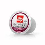 The Illy Intenso Dark Roast K-Cup® Pod (Case of 60) features the iconic Illy logo and instructions in both English and French. The white pod advises allowing it to cool before peeling. This Dark Roast Arabica coffee pod is not intended for retail sale and is compatible with Keurig K-Cup® Pods.