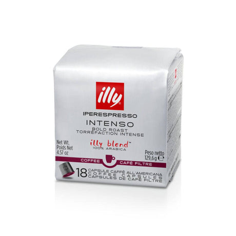 A white box of Illy Iperespresso Intenso Dark Espresso Capsules with red and black text, featuring the Illy logo. Contains 18 dark roast, 100% Arabica coffee capsules.