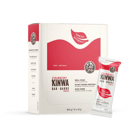 A box of "Eat to Life Strawberry Kinwa Bars (Box of 12)" is shown. The white and red packaging, which contains 12 bars with one displayed in front, highlights the real food ingredients of these bars. These vegan snacks are plant-based, high in protein, non-GMO, high in fiber, gluten-free, peanut-free, and made with organic quinoa.