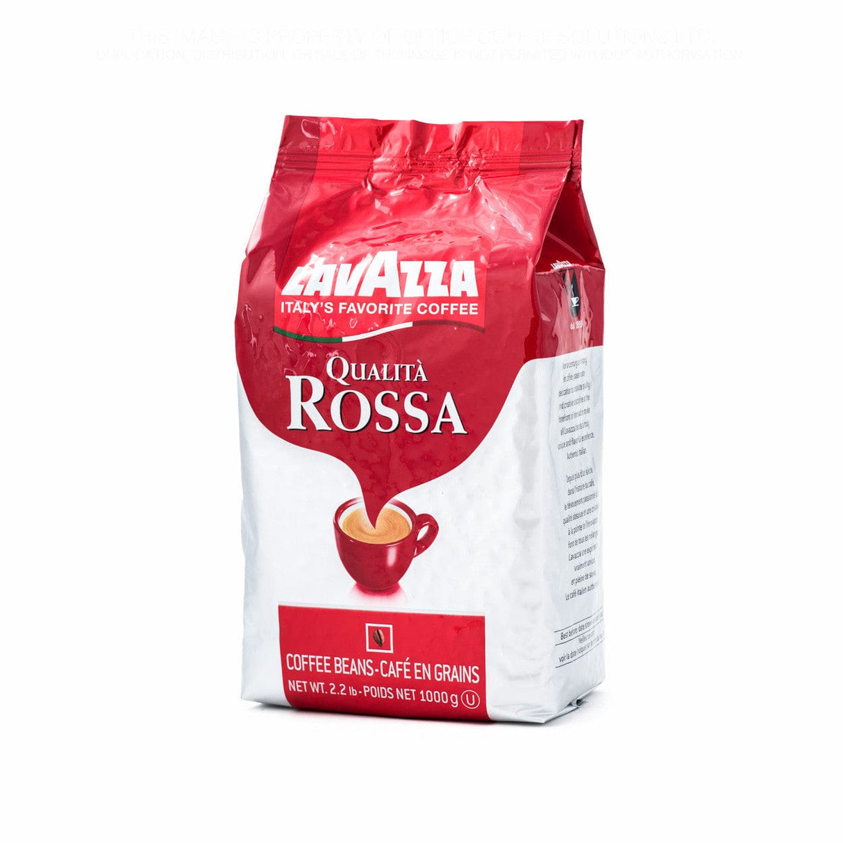 A 2.2 lb (1000 g) bag of Lavazza Espresso Rossa coffee beans, showcasing a steaming red coffee cup, is adorned in red and white packaging. The text on the bag proudly proclaims "Italy's Favorite Coffee." This blend combines African Robusta beans and Brazilian highlands Arabica to deliver a rich chocolate aroma.