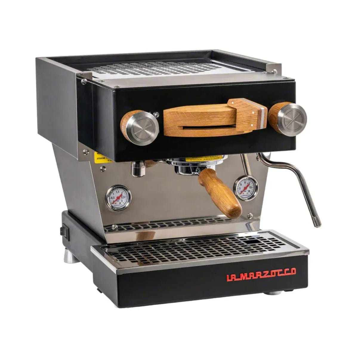 A black La Marzocco Linea Mini Dual Boiler Semi-Automatic Espresso Machine with wooden accents on the portafilter handle and steam knob. This commercial-grade marvel features a dual gauge for pressure, a steam wand, and a drip tray adorned with the La Marzocco brand name in red at the bottom—perfect for discerning home baristas.