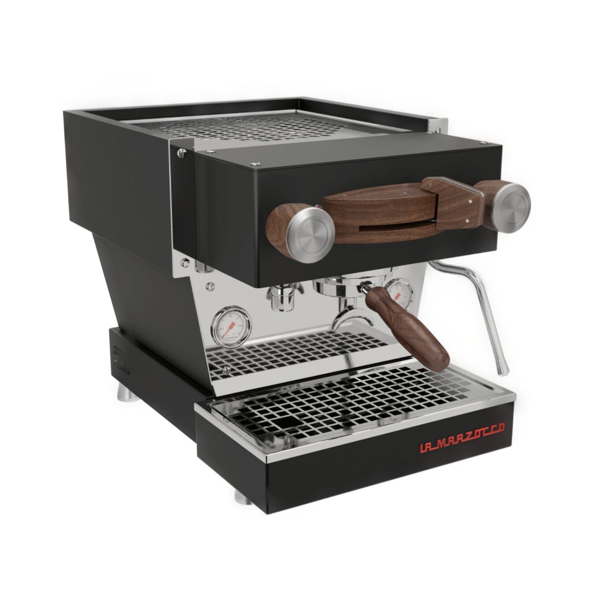 The La Marzocco Linea Mini R Dual Boiler Semi-Automatic Espresso Machine (Black) boasts a sleek, modern design with a striking black finish complemented by wooden accents on the lever and steam handle. It features a metal drip tray, a steam wand, dual pressure gauges, and advanced workflow features including a pre-infusion system. The name "La Marzocco" is elegantly displayed in red at the base.