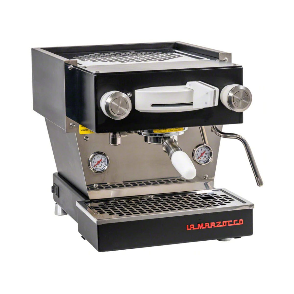 The La Marzocco Linea Mini Dual Boiler Semi-Automatic Espresso Machine (Black) is perfect for home baristas, featuring dual knobs, a portafilter holder, and a steam wand. This machine also includes a pressure gauge, drip tray, and the iconic "La Marzocco" branding in red text at the bottom right.
