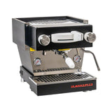 The La Marzocco Linea Mini Dual Boiler Semi-Automatic Espresso Machine (Black) is perfect for home baristas, featuring dual knobs, a portafilter holder, and a steam wand. This machine also includes a pressure gauge, drip tray, and the iconic "La Marzocco" branding in red text at the bottom right.
