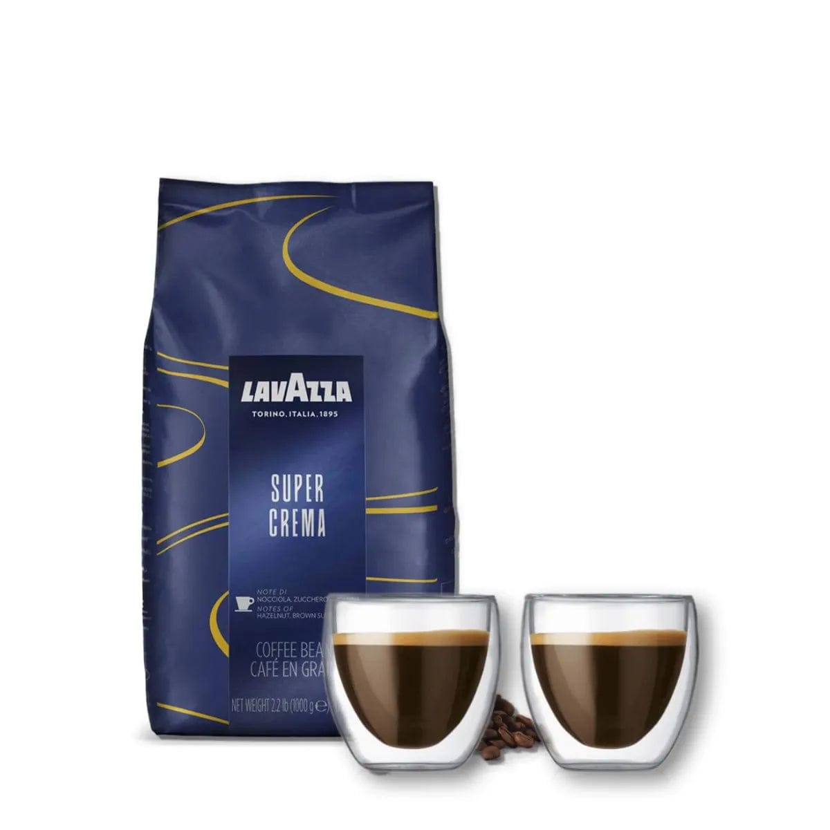 Lavazza Super Crema Espresso Coffee Beans(1kg / 2.2lb) + Bodum Pavina Small 2.5oz Double Walled Coffee & Espresso Glasses Bundle DISCOUNT_HIDDEN_PRODUCT Lavazza/Bodum