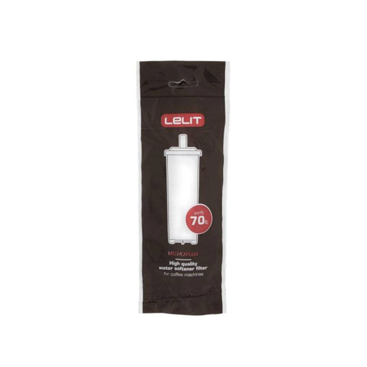 A sealed package labeled "Lelit," containing two cylindrical white water softener filters for Lelit coffee machines. The packaging features a red circle indicating "only for 70L" and text below describing it as a "high-quality water softener filter for coffee machines." The product name is "Lelit Water Softener Filter 2 Pack PLA930M (70L).